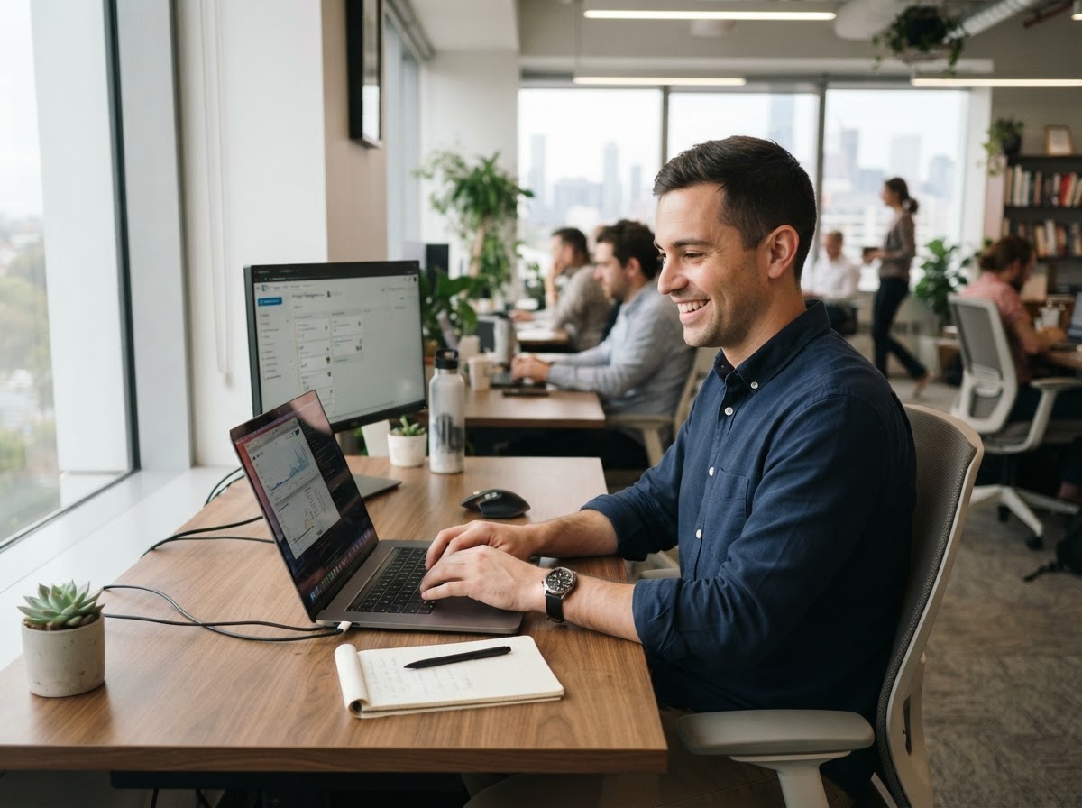 A person working at a laptop in a bright office, focused